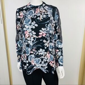 CATHERINE CATHERINE MALANDRINO Blouse Sz S Mock-neck Lace-sleeve Floral